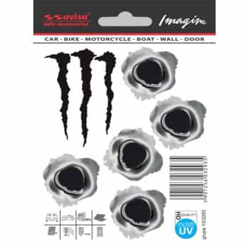 Sticker 5 Bullet Holes 3.5x3x5 cm + Monster 4.5x6.5cm - black/metal