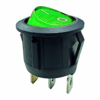 Rocker switch green on - off, 12V, 10A, 20mm, LED in blister