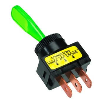 rocker switch green, with light bulb on-off 12v, 20a 3 tab contacts installation dimensions ø13mm